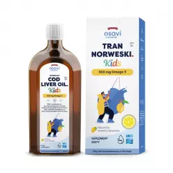 Tran Norweski Kids 500 mg Omega-3 Nienasycone Kwasy Tłuszczowe DHA i EPA z Aromatem Cytrynowym dla Dzieci 500 ml Osavi