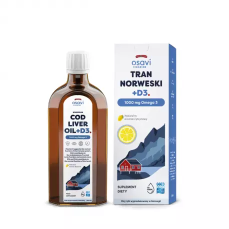 Tran Norweski + D3 1000 mg Omega-3 Nienasycone Kwasy Tłuszczowe DHA i EPA z Aromatem Cytrynowym 250 ml Osavi