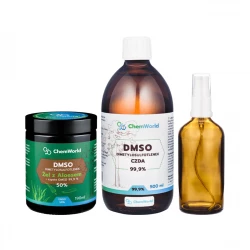 Zestaw Żel DMSO 50% z Aloesem Meksykańskim 190 ml + DMSO CZDA 99,9% 500 ml + Butelka szklana z Atomizerem 100 ml ChemWorld