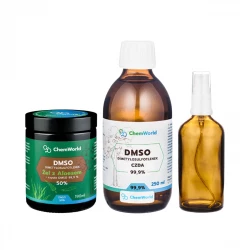 Zestaw Żel DMSO 50% z Aloesem Meksykańskim 190 ml + DMSO CZDA 99,9% 250 ml + Butelka szklana z Atomizerem 100 ml ChemWorld