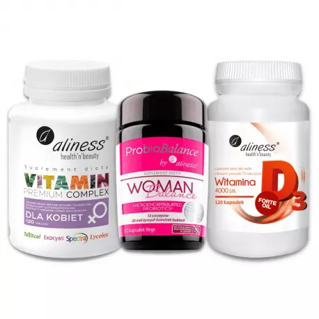 Zestaw Dla Kobiet Witaminy i Minerały (120 tab) + Probiotyki ProbioBalance Woman (30 kaps) + Witamina D3 4000 (120 kaps) Aliness