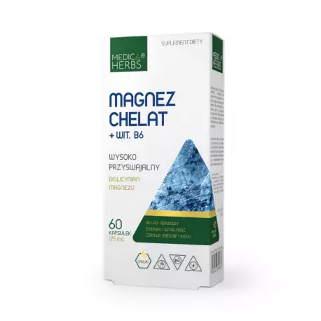 Magnez Chelat + Witamina B6 175 mg Dyglicynian Magnezu Wysoko Przyswajalny (60 kaps) Medica Herbs