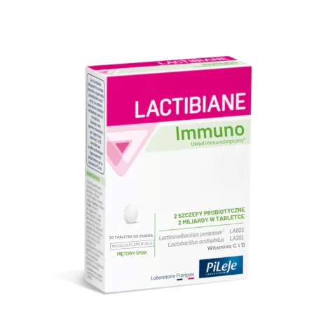 Lactibiane Immuno Probiotyk 2 Szczepy Mikrobiotyczne + Witamina C i D - Mięta (30 tab do ssania) Pileje