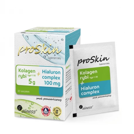 Kolagen Rybi 5000 mg (Typ I i III) + Hialuron Complex Proskin Smak Pomarańczowy (30 sasz) Aliness