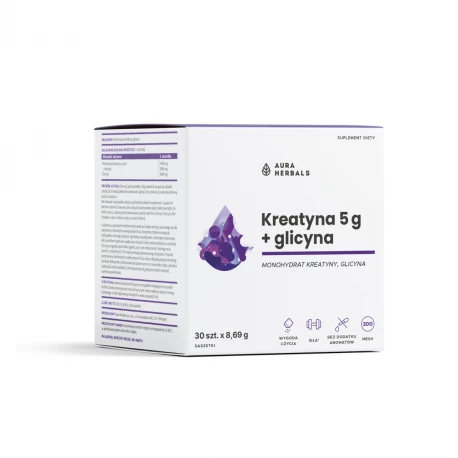 Kreatyna Monohydrat 5000 mg  Glicyna 3000 mg w Proszku (30 sasz) 100% Pure Aura Herbals