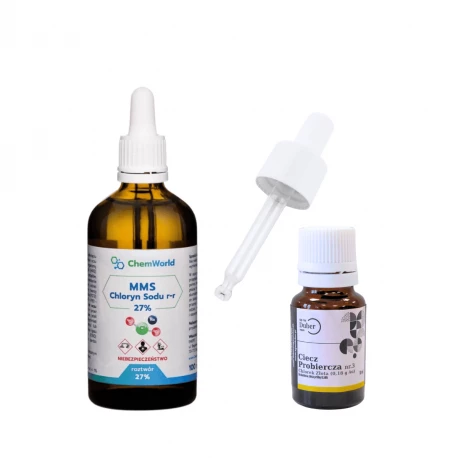 Zestaw MMS Chloryn Sodu 27% 100 ml + Aktywator Chlorek Złota 0,18 g + Zakraplacz Pipeta Szklana 10 ml ChemWorld