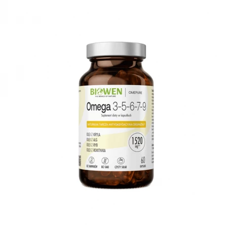 Omega 3-5-6-7-9 — Kwasy EPA DHA Olej z Kryla, Alg, Ryb i Rokitnika 1520 mg (60 kaps) OmePure Biowen