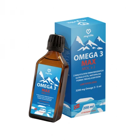OMEGA 3 MAX MOC x 3 Trójglicerydy TG 3200 mg EPA DHA (Niski Totox) Smak Cytrynowy 200 ml MyVita