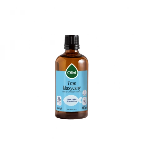 Tran Klasyczny Olej z Wątroby Dorsza Omega 3 DHA EPA Witamina D3 A 100 ml Olini