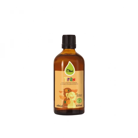 Tran Pomarańczowy Olej z Wątroby Dorsza Omega 3 DHA EPA Witamina D3 A 100 ml Olini