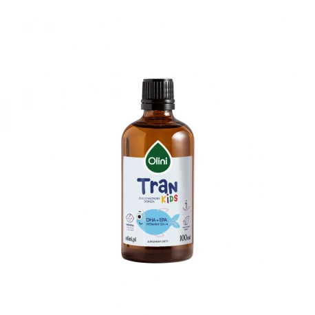 Tran KIDS dla Dzieci - Olej z Wątroby Dorsza Omega 3 DHA EPA Witamina D3 A 100 ml Olini