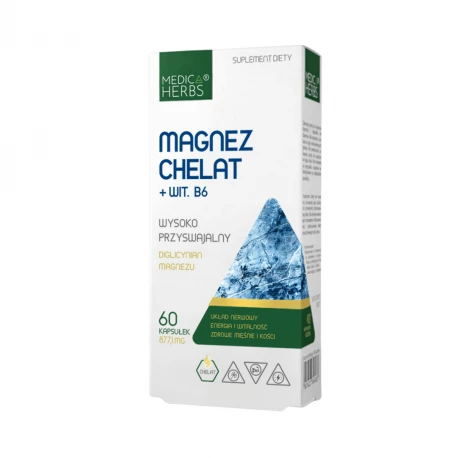 Magnez Chelat + Witamina B6 175 mg Dyglicynian Magnezu Wysoko Przyswajalny (60 kaps) Medica Herbs