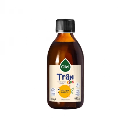 Tran o Smaku Pomarańczowym Olej z Wątroby Dorsza Omega 3 DHA EPA Witamina D3 A 250 ml Olini