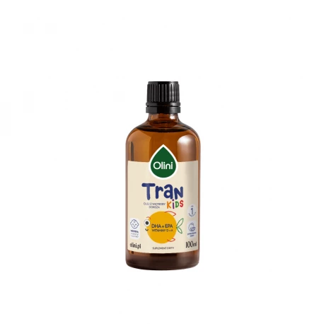 Tran Kids dla Dzieci Pomarańczowy Olej z Wątroby Dorsza Omega 3 DHA EPA Witamina D3 A 100 ml Olini