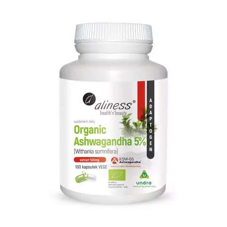 Organic Ashwagandha 5% KSM-66 Ekologiczna 500 mg Withania somnifera (100 kaps) Undra Aliness