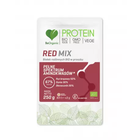 Białko Roślinne BIO Red Mix 67% Protein (Ryż Brązowy, Dynia, Słonecznik) Aminokwasy 250 g VEGE BeOrganic