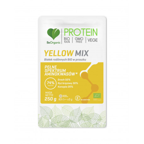 Białko Roślinne BIO Yellow Mix 74% Protein (Groch, Ryż Brązowy, Konopia) Aminokwasy 250 g VEGE BeOrganic