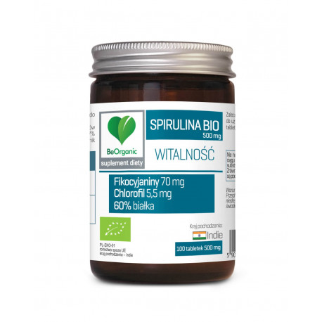 Spirulina Platensis Bio 500 mg Fikocyjaniny Chlorofil 60% Białka (100 tab) BeOrganic