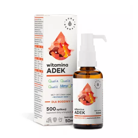 Witaminy ADEK dla Rodziny + Olej MCT Clean Label w płynie 50 ml Krople Aura Herbals