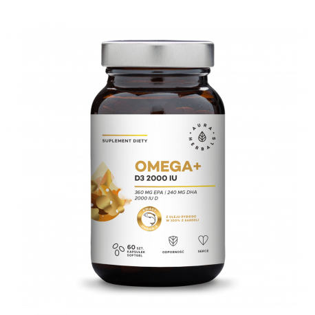 Omega+ Witamina D3 2000 IU Kwasy DHA 240 mg + EPA 360 mg (60 sgels) Aura Herbals