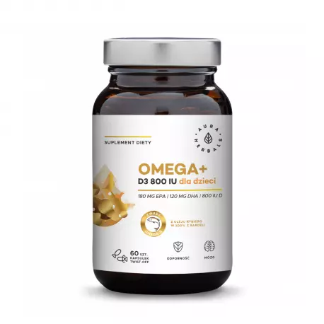 Omega+ Witamina D3 800 IU Dla Dzieci Kwasy DHA 120 mg + EPA 180 mg (60 kaps twist-off) Aura Herbals