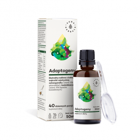 Adaptogeny - 100% Naturalne Ekstrakty Roślinne (Ashwagandha + Bakopa + Kadzidłowiec + Wąkrotka) 50 ml w Płynie Aura Herbals