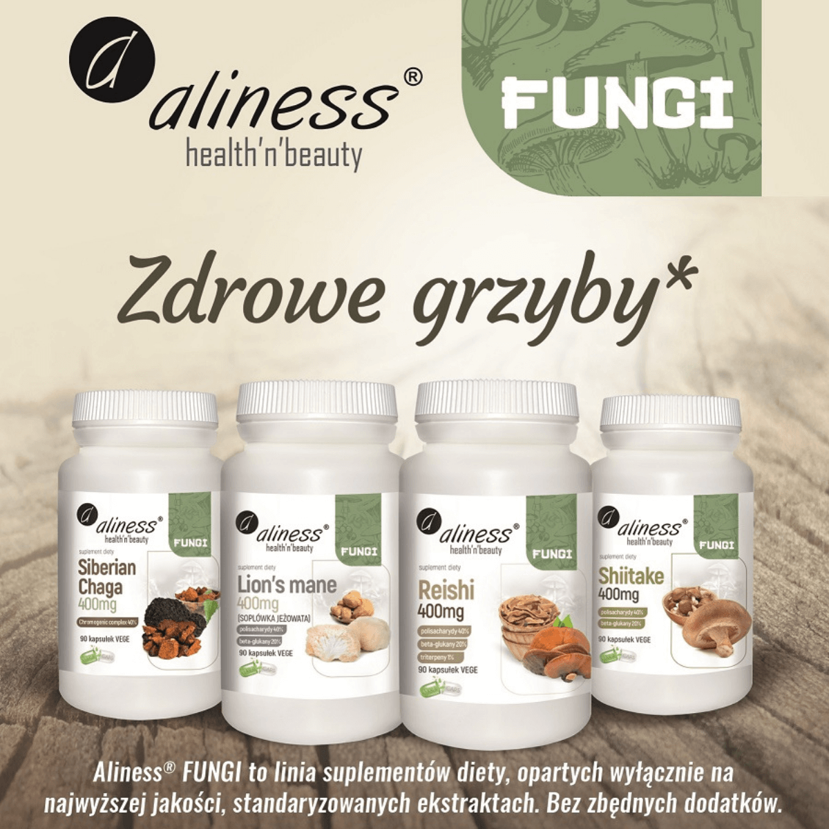 Shiitake FUNGI Ekstrakt 400 mg Zdrowe Grzyby (90 kaps) VEGE Aliness
