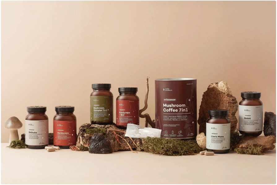 Suplementy MycoDrop Aura Herbals z grzybami funkcjonalnymi