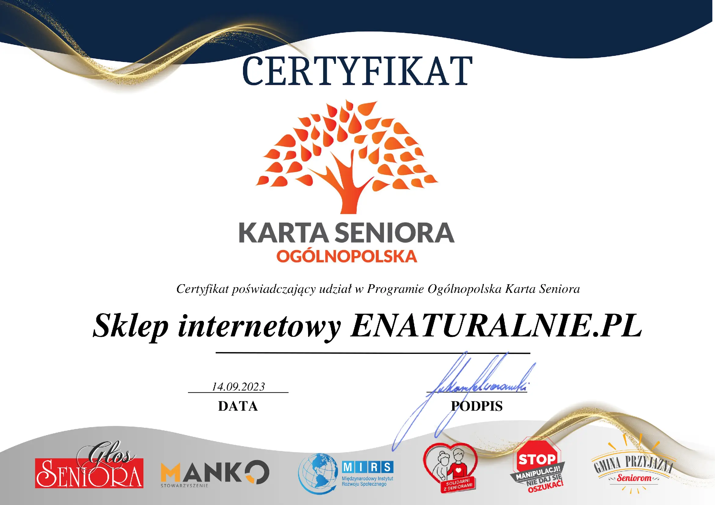 Certyfikat Karta Seniora Enaturalnie.pl