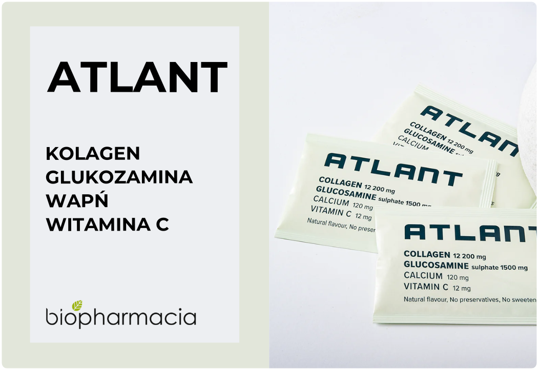 ATLANT Kolagen Typu I III Glukozamina Wapń Witamina C (28 sasz) Biofarmacja