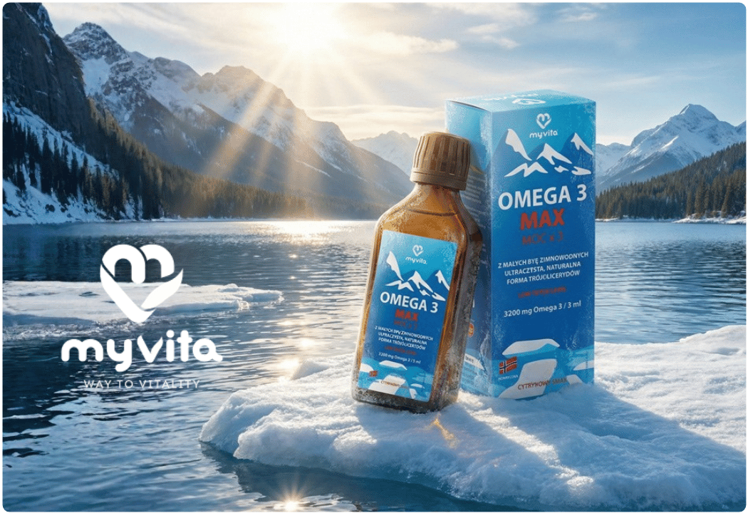 OMEGA 3 MAX MOC x 3 Trójglicerydy TG 3200 mg EPA DHA - Płyn do Picia o Smaku Cytrynowym 100 ml MyVitaBaner