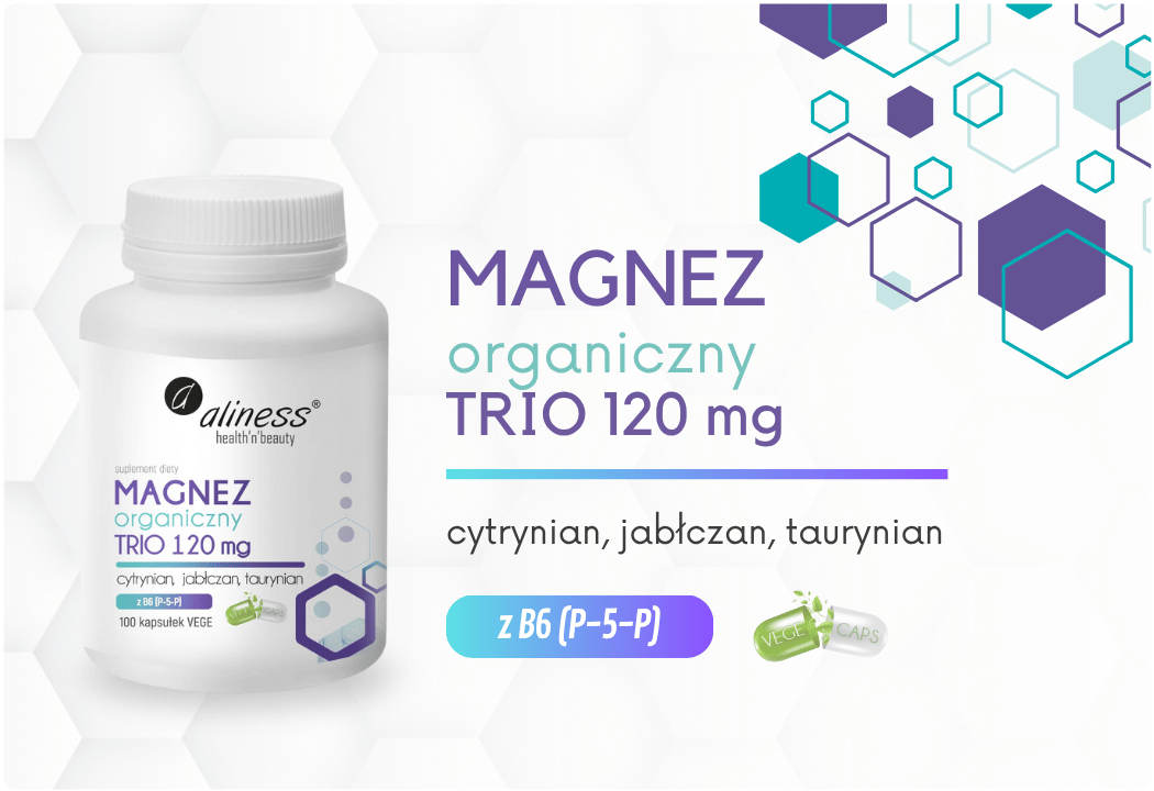 Magnez Organiczny TRIO 120 mg Cytrynian Jabłczan Taurynian (100 kaps) Aliness