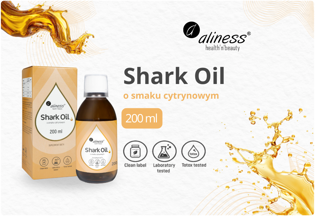 Shark Oil Olej z Wątroby Rekina Witamina A D3 Cytryna Płyn 200 ml Aliness