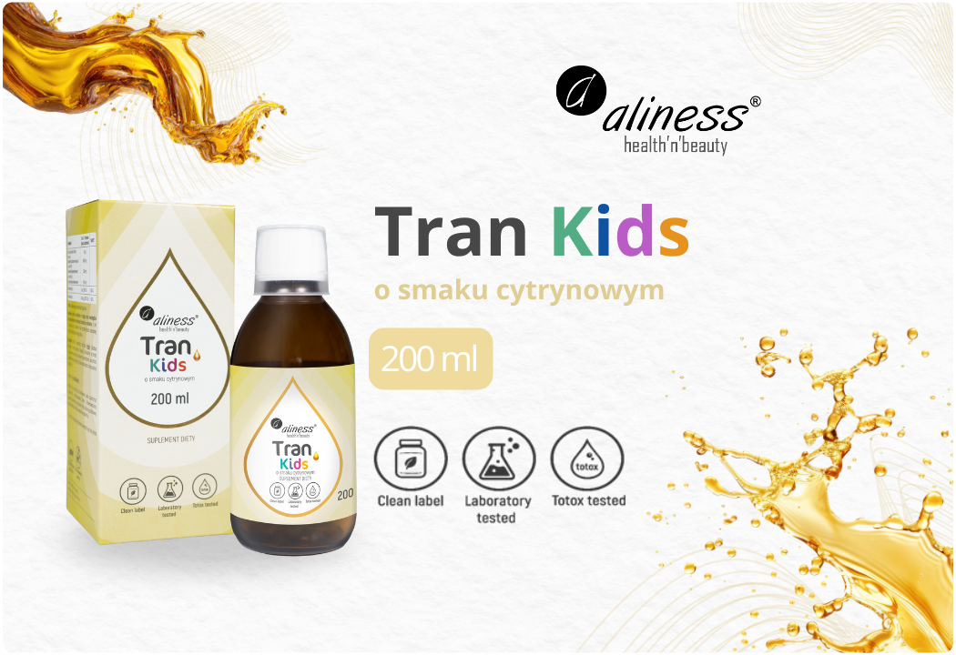 Tran Kids Olej z Dorsza Witamina A Cytryna Płyn 200 ml Aliness