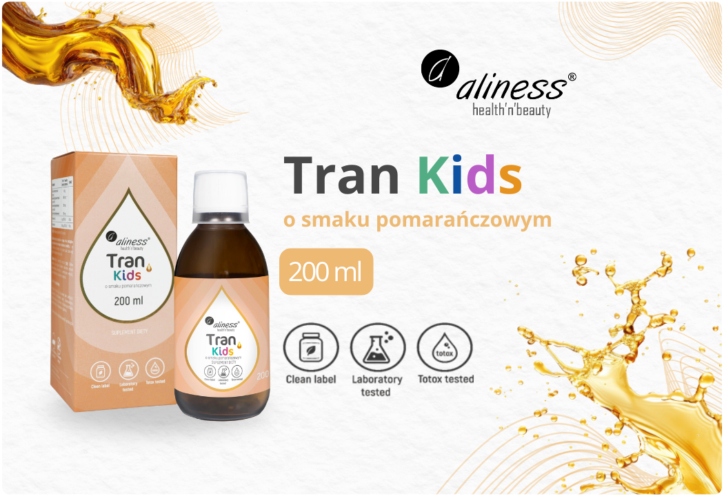 Tran Kids Olej z Dorsza Witamina A Pomarańcza Płyn 200 ml Aliness
