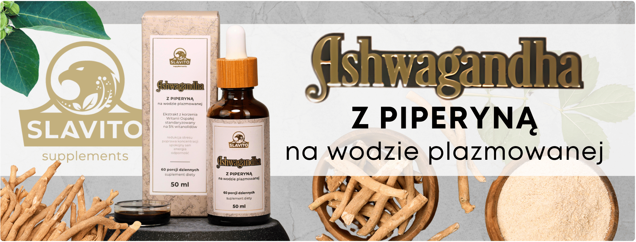 Ashwagandha z Piperyną na Wodzie Plazmowanej 50ml Slavito