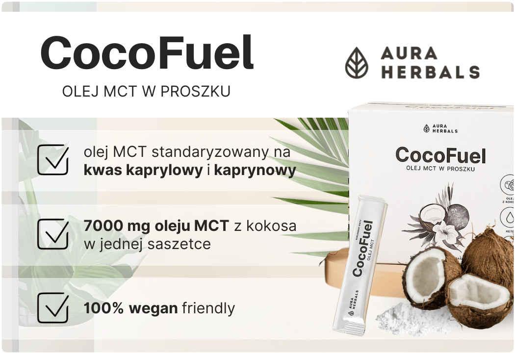 CocoFuel Olej MCT w Proszku Czysty Olej z Kokosa 100% 7000 mg (30 sasz) Aura Herbals