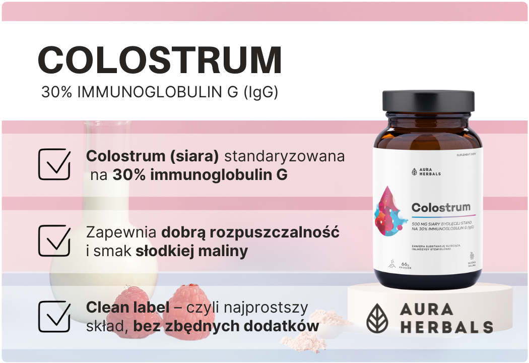 Colostrum 500 mg Siary Bydlęcej w proszku Aura Herbals - smak malinowy