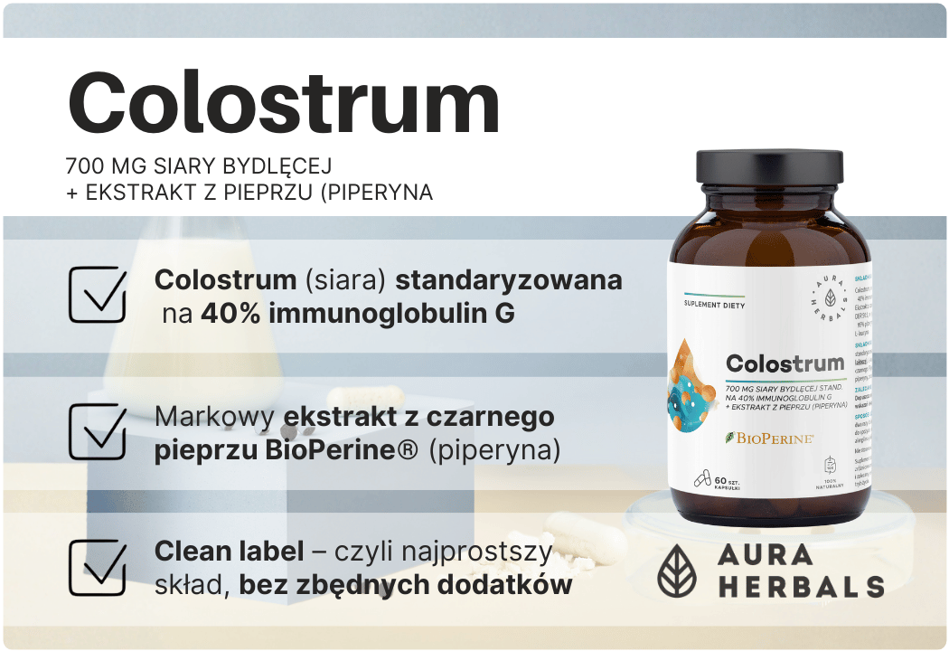 Colostrum 700 mg Siary Bydlęcej z Ekstraktem z Pieprzu Czarnego BioPerine (60 kaps) Aura Herbals
