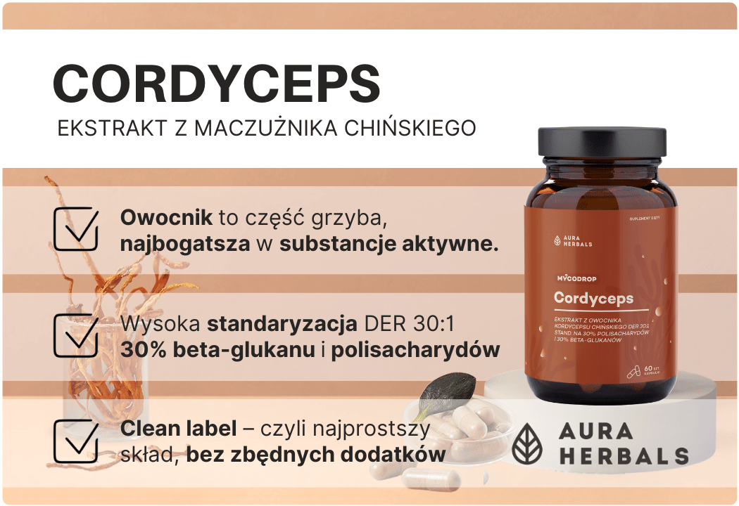 Cordyceps - Ekstrakt Kordyceps Chiński 30:1 500 mg Mycoodrop (60 kaps) Aura Herbals