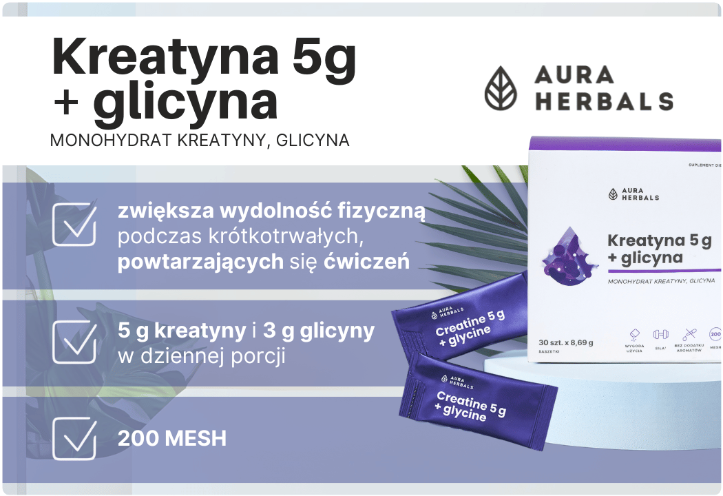 Kreatyna Monohydrat 5000 mg  Glicyna 3000 mg w Proszku (30 sasz) 100% Pure Aura Herbals