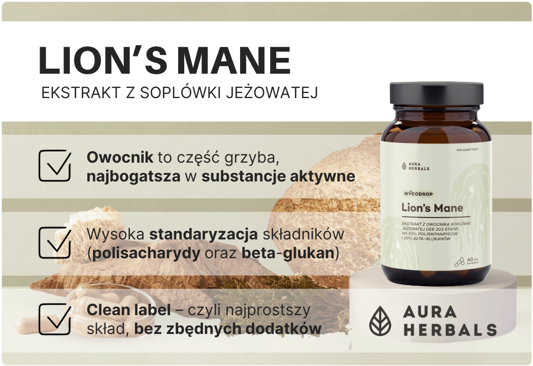 Lion's Mane - Ekstrakt z Owocnika Soplówka Jeżowata 30:1 500 mg Mycoodrop (60 kaps) Aura Herbals