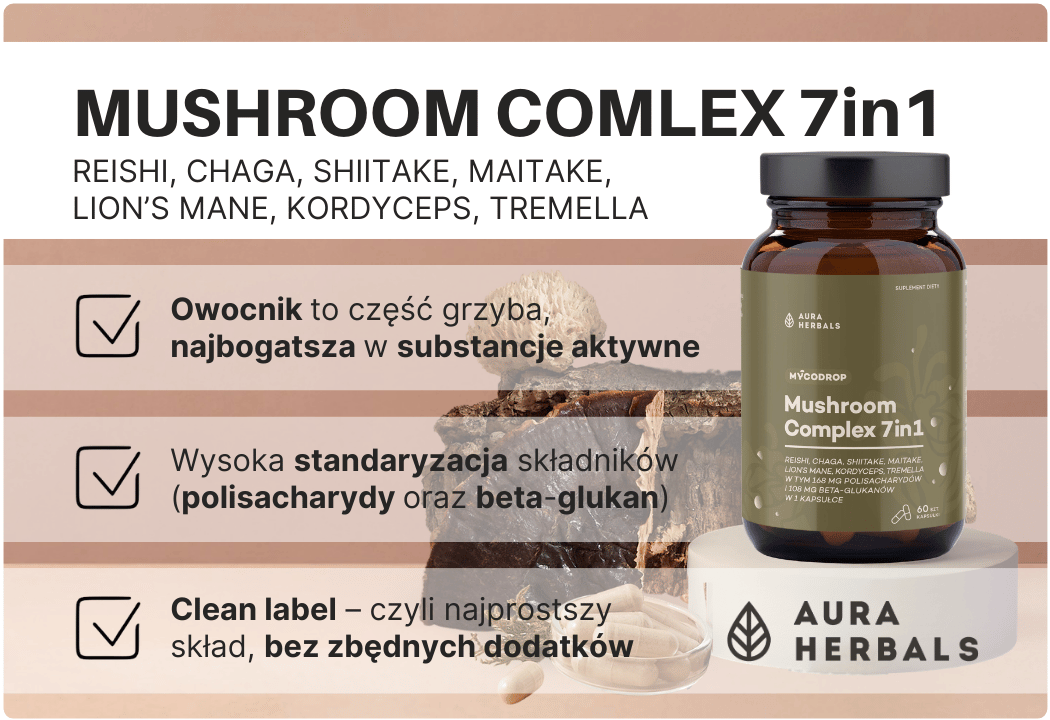 Mushroom Complex 7in1 - Reishi Chaga Shiitake Maitake Lions Mane Kordyceps Tremella Mycoodrop (60 kaps) Aura Herbals