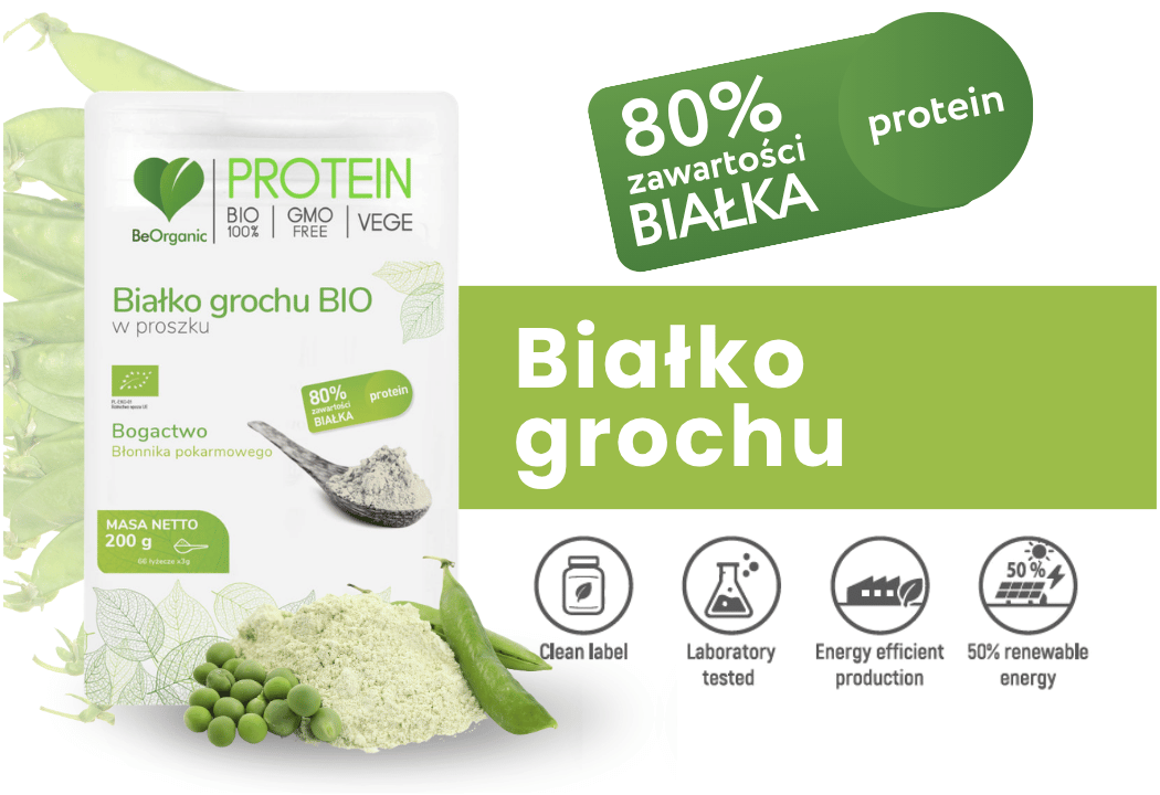 Białko Grochu Bio 80% Protein Proszek 200 g BeOrganic