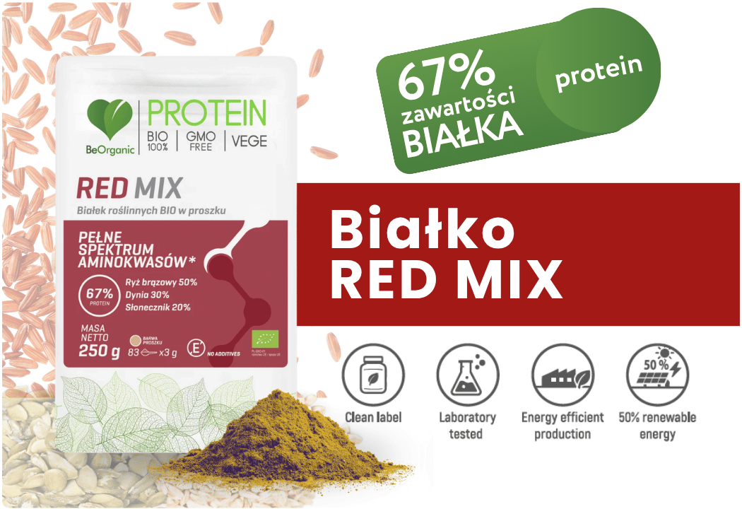 RED MIX Białek Roślinnych Bio Eko 67% Protein Proszek 250 g BeOrganic