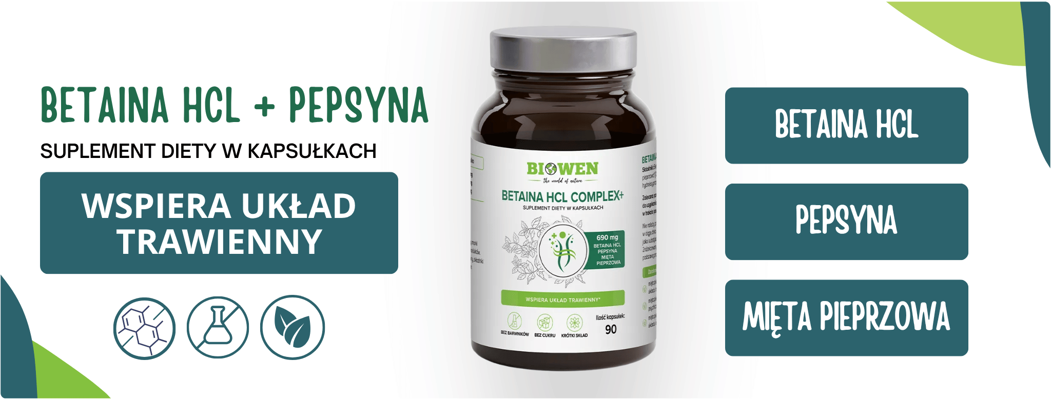 Betaina HCL + Pepsyna Mięta Pieprzowa 690 mg (90 kaps) Biowen