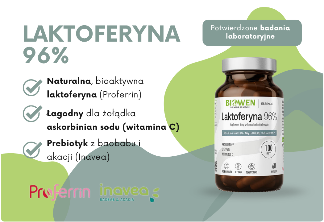 Laktoferyna Proferrin 96% Witamina C Prebiotyk (60 kaps DR) Biowen