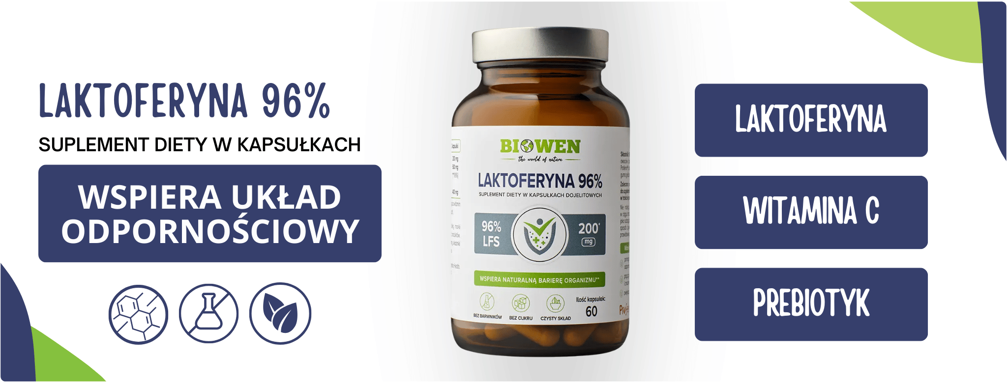 Laktoferyna Proferrin 96% Witamina C Prebiotyk (60 kaps DR) Biowen