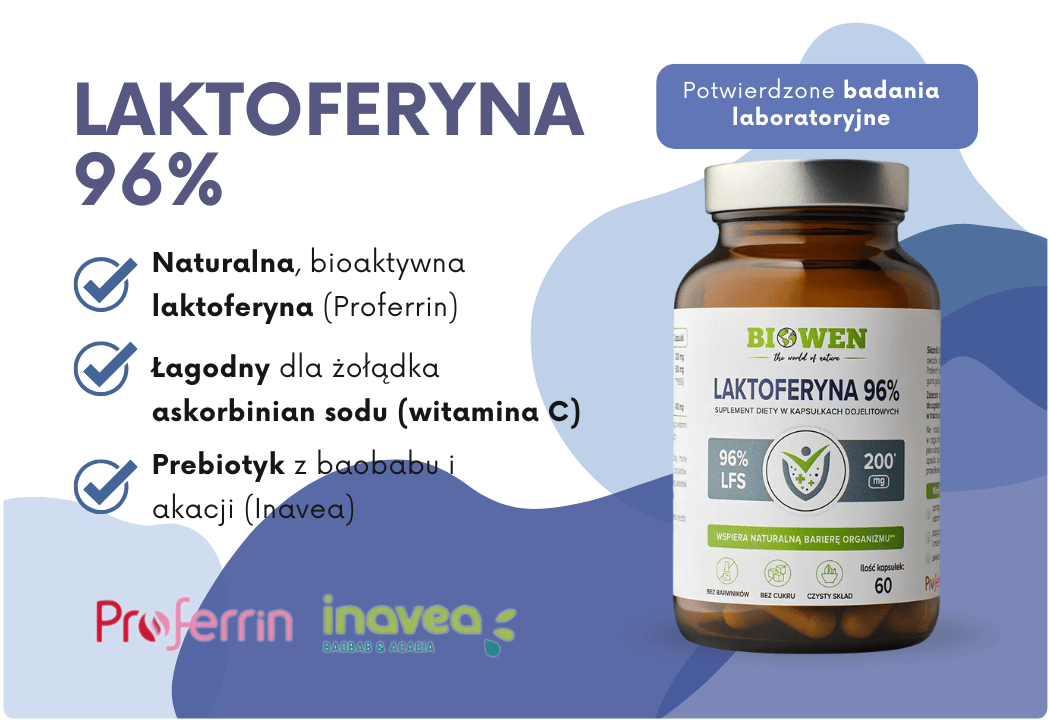 Laktoferyna Proferrin 96% Witamina C Prebiotyk (60 kaps DR) Biowen