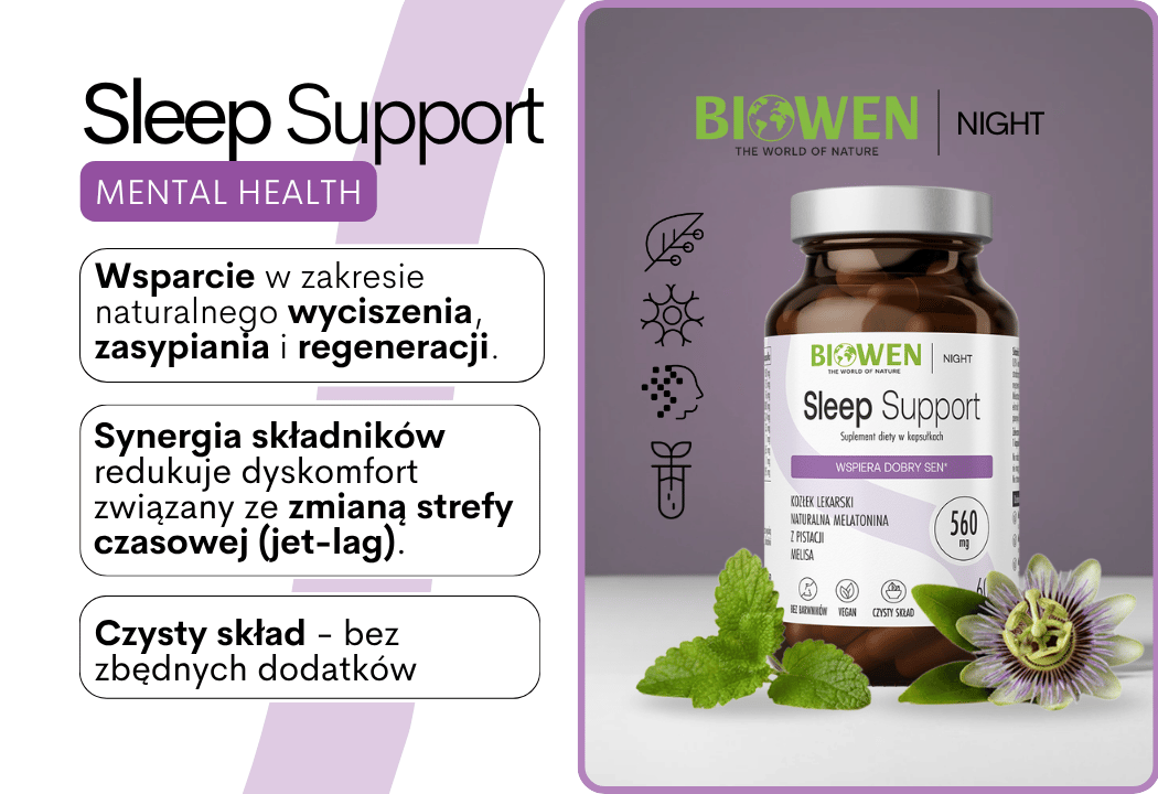 Sleep Support Kozłek Lekarski Melatonina z Pistacji Melisa 560 mg (60 kaps) Biowen